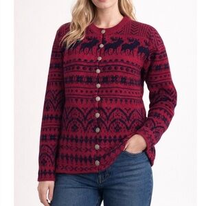 Vintage Woolrich sweater 100% Wool Cardigan Red Shetland wool Moose red blue MD